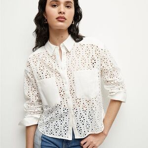 Veronica Beard White Eyelet Button-Down Shirt with Chest Pockets